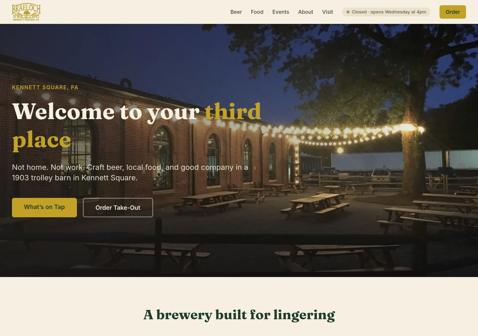 Braeloch Brewing homepage on desktop: 'Welcome to your third place' hero over the string-lit beer garden of the 1903 trolley barn, with What's on Tap and Order Take-Out calls to action
