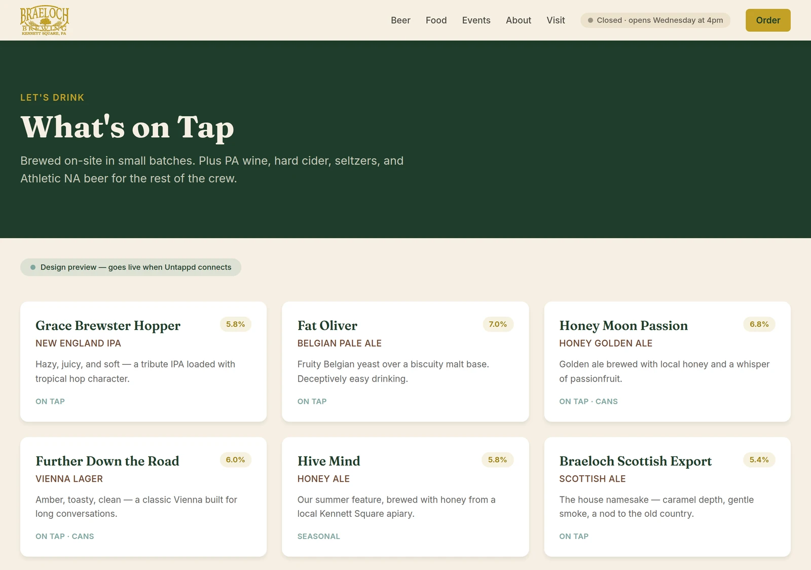 What's on Tap page on desktop: a grid of tap cards — New England IPA, Belgian pale ale, honey golden ale, Vienna lager, and more — each with ABV, style, and availability