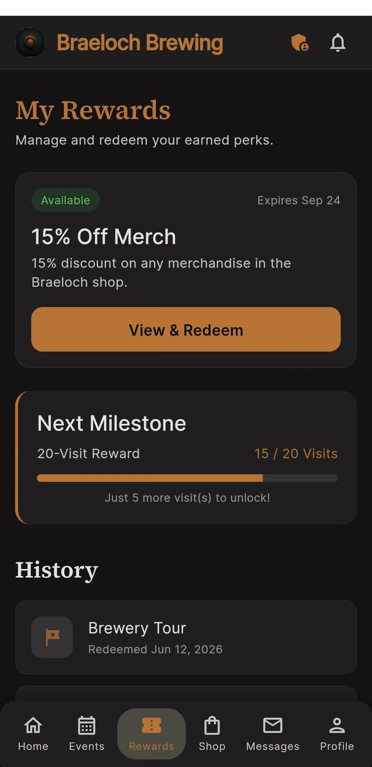 Braeloch Rewards app: My Rewards screen with a redeemable 15% off merch perk, 20-visit milestone progress, and redemption history