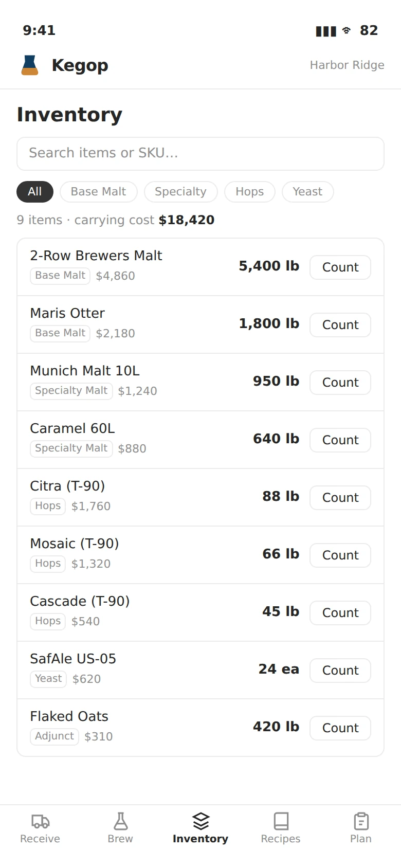 Kegop inventory on a phone: searchable item list filtered by ingredient type, each row showing carrying cost, on-hand quantity, and a one-tap physical count button