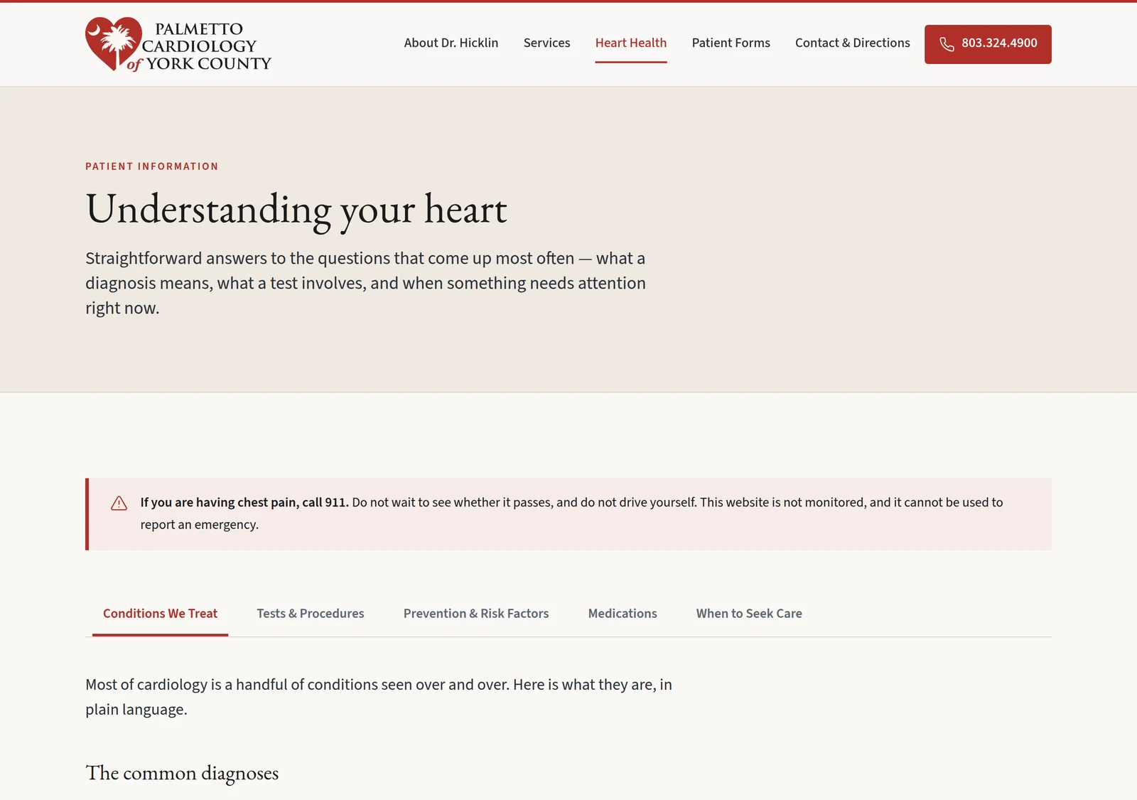 Heart Health page: a chest-pain warning to call 911, then tabs for conditions, tests and procedures, prevention, medications and when to seek care, with plain-language explanations