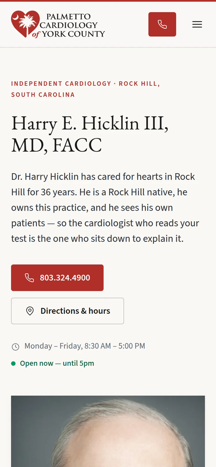 Palmetto Cardiology on a phone: Dr. Hicklin's introduction, a tap-to-call button, directions and hours, and live open-now status